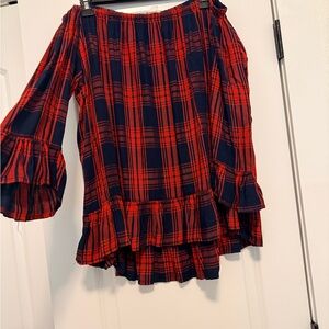 beachlunchlounge Red and Navy Plaid off shoulder shirt
